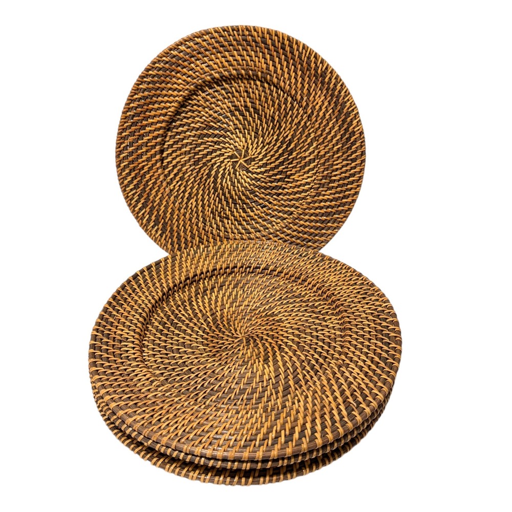 Set of 4 Round Woven Rattan Charger Plates 13" Brown Boho Table Mats MCM